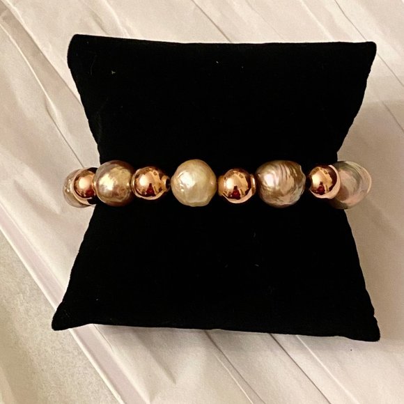 Radiant Honora Ming Pearl and Italian Rose Gold Bronze Bead Bracelet, 6.5" - Picture 12 of 13